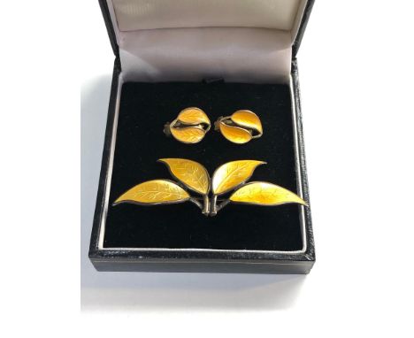 David Andersen Norway silver and enamel leaf brooch and earrings 