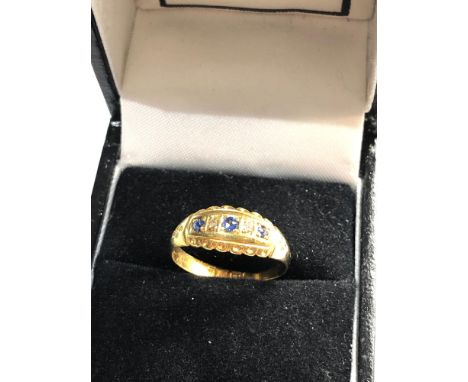 18ct gold diamond and sapphire gypsy ring,  ring size approx m 