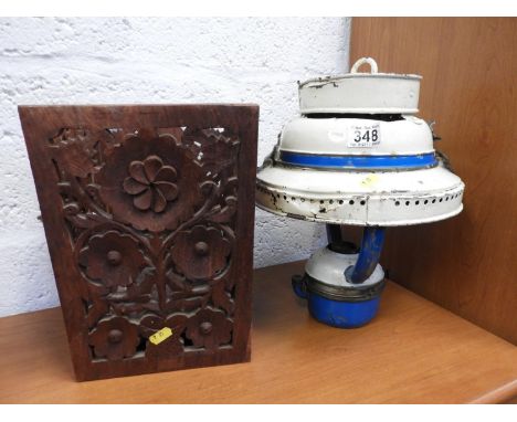 Enamel Lamp, Treen Waste Bin 