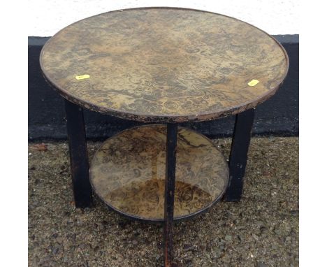 Glass Topped Round Wood and Metal Table with Shelf Under 