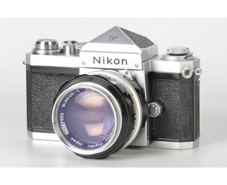 A Nikon F Eyelevel SLR Camera, chrome, serial no. 6434267, with Nikkor-S f/1.4 50mm lens, chrome, serial no. 167956, body, E,
