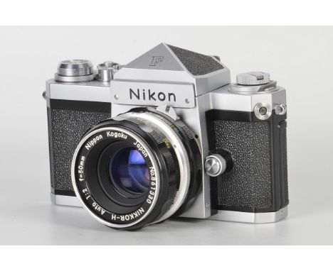 A Nikon F Eyelevel SLR Camera, chrome, serial no. 7204225, with Nikkor-H f/2 50mm lens, chrome, serial no. 861330, body, E, s
