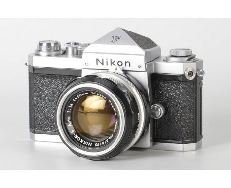 A Nikon F Eyelevel SLR Camera, chrome, serial no. 6419160, with Nikkor-S f/1.4 50mm lens, chrome, serial no. 616193, body, E,