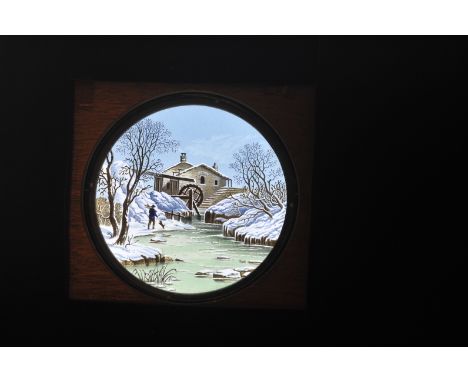 A Mahogany-Mounted Water-Mill Hand-Painted and Hand-Coloured Magic Lantern Slide Dissolve Set, rackwork daytime, lever swan, 