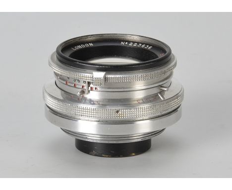 A Wray Unilite f/2 50mm Lens, close focus variation, chrome, serial no. 223636, body, VG, elements, VG, some light internal m