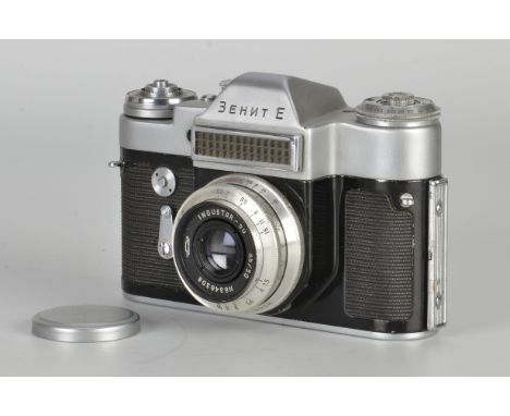 A KMZ Zenit-E Prototype SLR Camera, chrome, serial no. 64000006, with Industar-50 f/3.5 50mm lens, chrome, serial no. 6346308