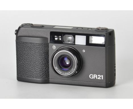 A Ricoh GR21 Compact Camera, black, serial no. 49301313, with GR f/3.5 21mm lens, body, E, shutter not tested, lens, E, with 