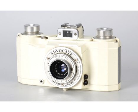 A Ilford Advocate Camera, white, serial no. 1919-9490, with Dallmeyer Anastigmat f/3.5 35mm lens, body, VG, shutter working, 