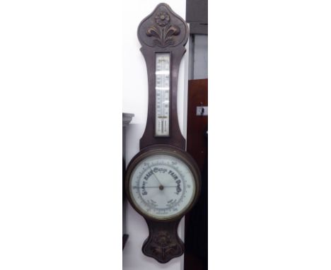 EDWARDIAN CARVED OAK BANJO SHAPED ANEROID BAROMETER AND THERMOMETER, 33" HIGH AND ANOTHER SMALLER WITH BRASS REGISTER FOR THE
