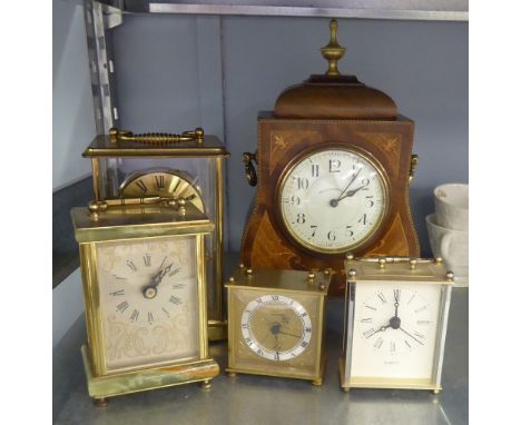 WALKER AND HALL FRENCH STYLE INLAID AND GILT METAL MOUNTED MANTEL CLOCK AND A CARRIAGE STYLE CLOCK WITH BATTERY MOVEMENT AND 