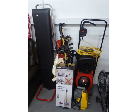 A PAIR OF METAL STEP-LADDERS, VARIOUS ITEMS OF KEEP-FIT EQUIPMENT AND AN OFFICE CHAIR 