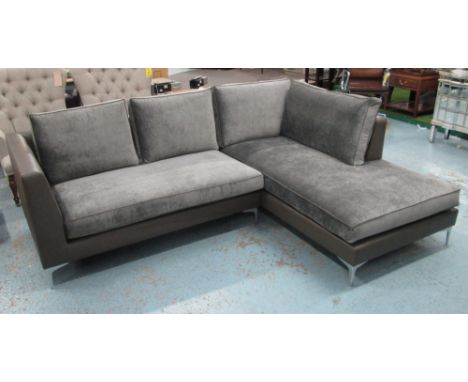 CORNER SOFA, in leather and grey upholstery on chrome legs, 250cm x 200cm. 
