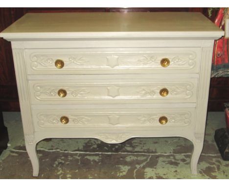 COMMODE, 19th century French oak and later grey painted with three carved drawers and brass handles, 93cm H x 115cm W x 55cm 