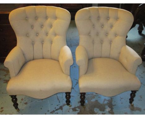 ARMCHAIRS, a pair, button back with linen upholstery on turned supports and castors, 67cm W. (2)