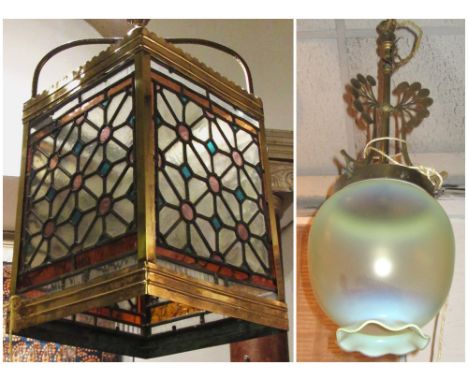 CEILING LAMP, brass of Art Nouveau influence with green pearlescent glass shade, 62cm H and a hall lantern, Victorian stained