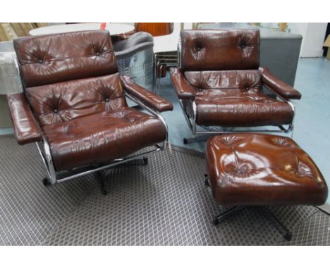 REVOLVING EASY CHAIRS, a pair, 1970's tan brown leather and chrome each revolving on a five point base by Pieff, 88cm W toget