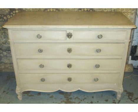 COMMODE, Louis XV design traditionally grey painted with white marble and two short and three long drawers, 119cm x 56cm D x 