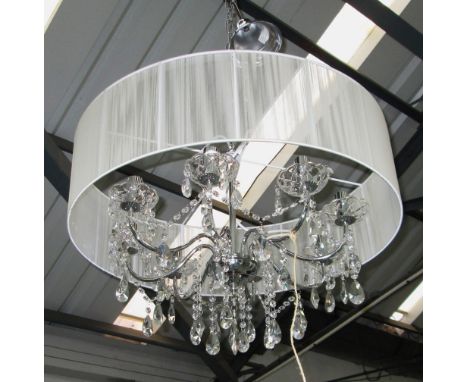 CHANDELIER, eight branch chrome crystal faceted drops circular reeded shade parisian style, 65cm.