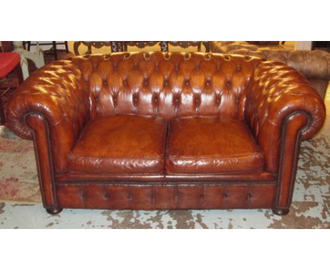 CHESTERFIELD SOFA, vintage faded tan brown leather with deep button upholstered back and arms of small proportions, 172cm W. 