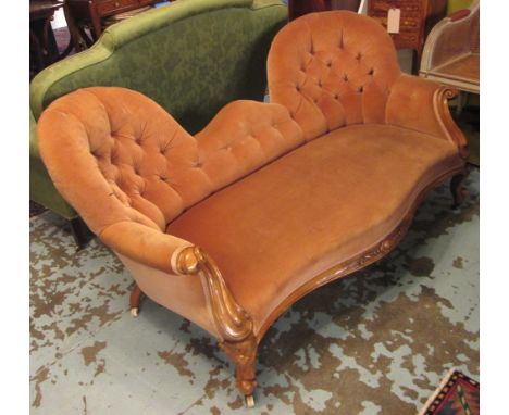SOFA, Victorian walnut of serpentine form in buttoned velvet with carved detail and cabriole supports, 81cm H x 159cm W x 74c
