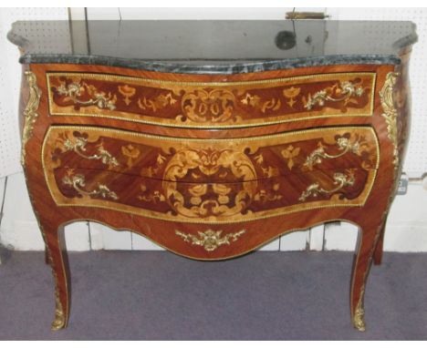BOMBE COMMODE, Louis XV style marquetry and gilt metal mounted with green marble top above three drawers (minor marks) 88cm H