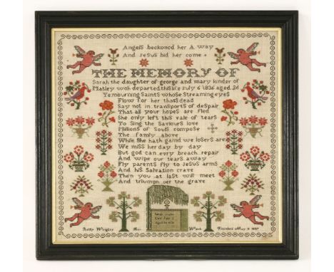 A large in memoriam sampler,1837, large memorial spot motif sampler by Betty Wrigley in memory of Sarah Kinder'the daughter o