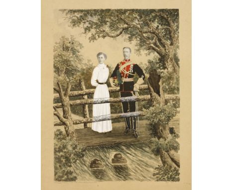Irish Military Interest: a folk art watercolour,1910, an unusual watercolour of a couple standing on a bridge in a wooded lan