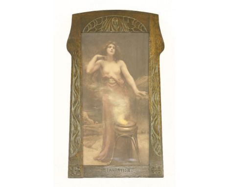 'Incantation', a sorceress at her cauldron,c.1900, a lithographic print in a contemporary Arts and Crafts carved wood frame, 