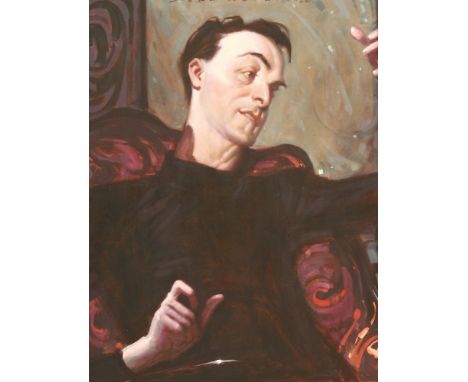 *John Watkiss (b.1961)PORTRAIT STUDY OF DEREK JARMAN SEATED IN A RED CHAIRSigned and dated 86 u.c., oil on canvas101 x 75cm, 