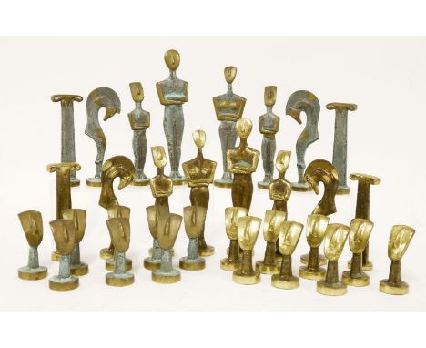 A Modernist-style brass chess set,1960s, a Modernist-style brass chess set in the style of Walter Bosse, possibly Austrian,ta