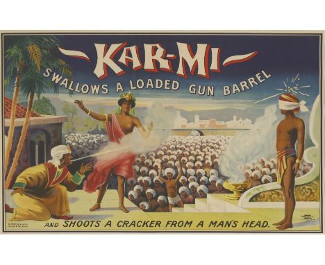 'KAR-MI Swallows a Loaded Gun Barrel' poster,c.1920s, American stone lithograph Magic poster,101 x 68cm, framed