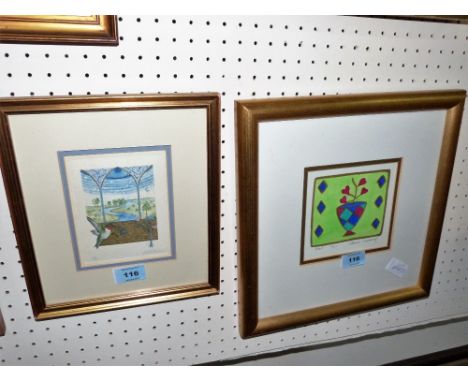 CATHERINE CUMMINGS: 'Heart' print with gilding and watercolour, signed, together with a coloured etching 'Hummingbird' by Isa