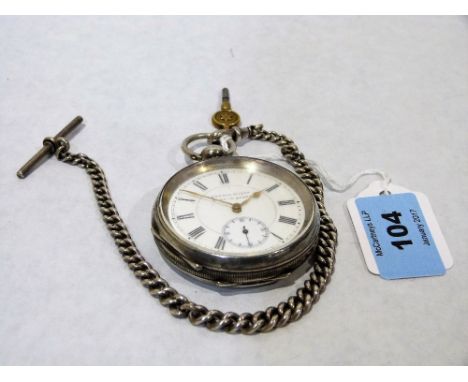 A silver lever watch and Albert chain, the enamel dial with Roman numerals and signed Kendel & Dent, Made in Buren. 52mm diam