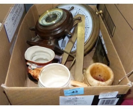 Brass clock, small barometer, brass stand, hunting jug etc.
