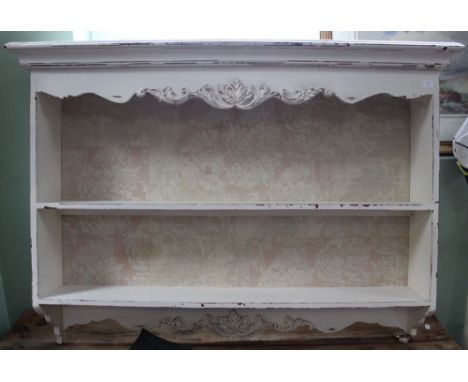 A white painted &amp; distressed two shelf wall hanging unit
