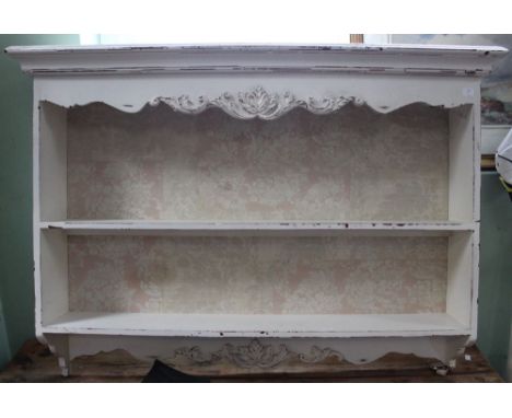 A white painted &amp; distressed two shelf wall hanging unit