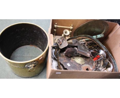 A box containing a quantity of metalwares, fireside tools, etc
