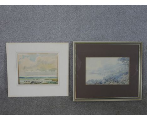 Rocky seascape and Mediterranean coastal path, two contemporary watercolours on a paper, one inscribed in pencil, both framed