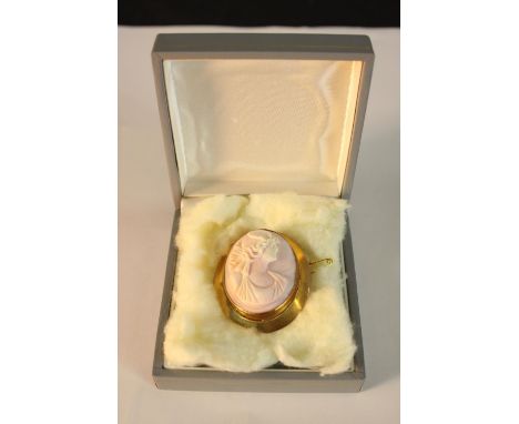 A boxed large 9ct gold framed carved shell Cameo brooch, depicting a classical side portrait (cameo cracked). Stamped 9ct, en