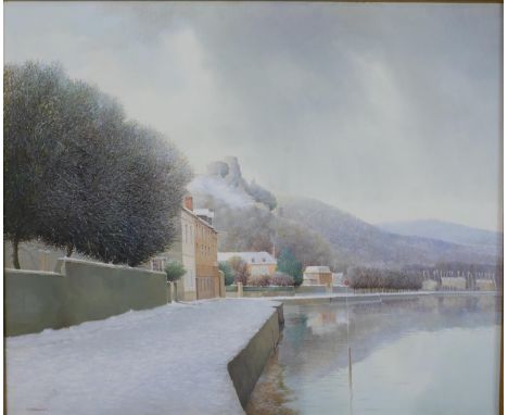K. B. Hancock (20th century), Snow covered town with castle behind, acrylic on canvas, signed and framed. H.73 W.84cm 