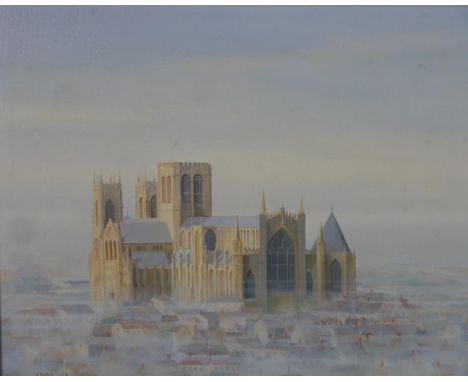 K. B. Hancock (20th century); York Minster in the Snow, acrylic on canvas, framed. H.60 W.70cm 