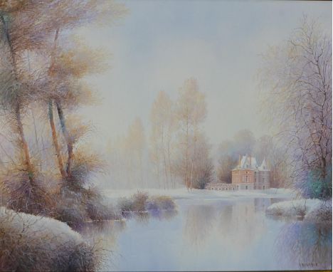 K. B. Hancock (20th century), snow covered lake with stately home behind, acrylic on canvas, signed and framed. H.60 W.70cm 