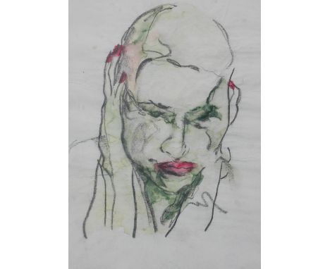 Khaled ('Karl') Ghattas (Egyptian, 1958–2007) portrait of a lady, mixed media on paper, pencil signed and dated, framed. H.45