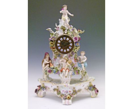 Meissen 'Four Seasons' mantel clock and stand, late 19th/early 20th Century, having typical figural decoration depicting four