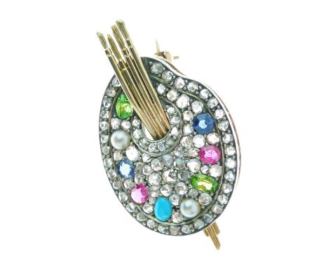 Diamond and multigem Artists palette brooch, pavÚ set with rose diamonds having demantoid garnet, ruby, sapphire, turquoise a