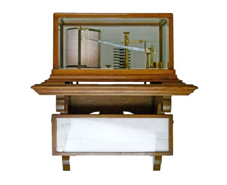 Early 20th Century oak cased barograph having bevelled glazed panels and standing on splayed bracket feet, the conforming wal
