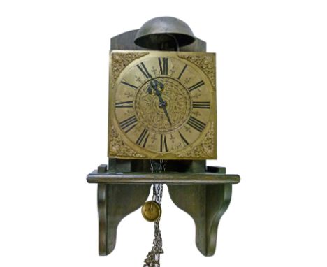 18th Century 'Hook and Spike' wall clock by Walter Archer, the 9" square brass dial having central stylised foliate decoratio