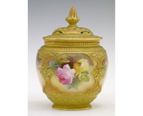 Royal Worcester jar and cover having four painted reserve panels decorated with roses interspersed by moulded Neo-classical d