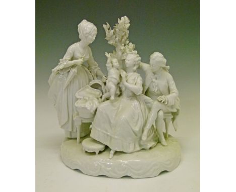 Vienna style white glazed figure group depicting a mother and child seated on a bench, two other figures look on, standing on
