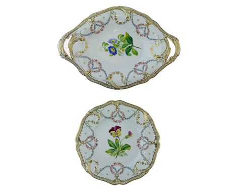 19th Century H & R Daniel oval low comport having central finely painted botanic decoration within a polychrome and gilt swag